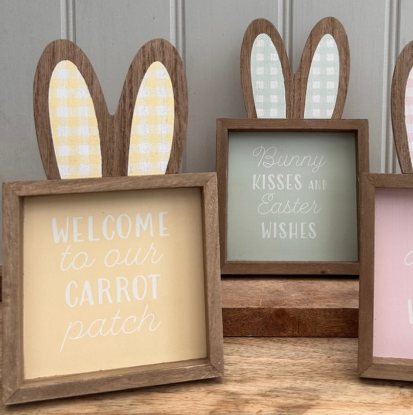 Standing Square Wooden Easter Sign with 3D Rabbit Ears