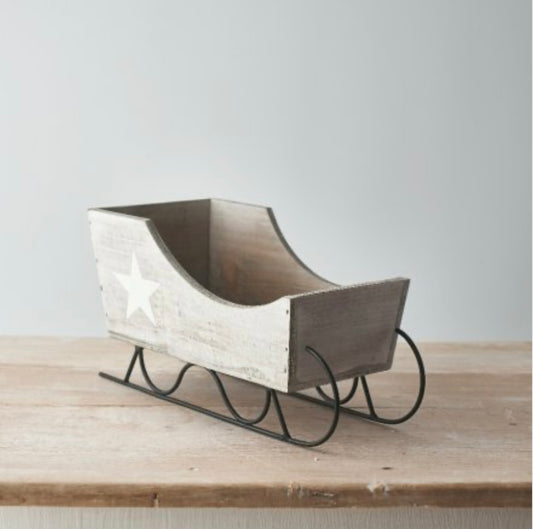 GREY WOODEN SLEIGH WITH STAR