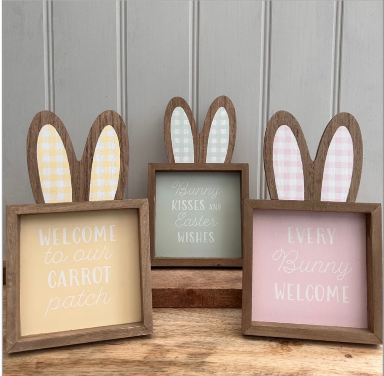 Standing Square Wooden Easter Sign with 3D Rabbit Ears