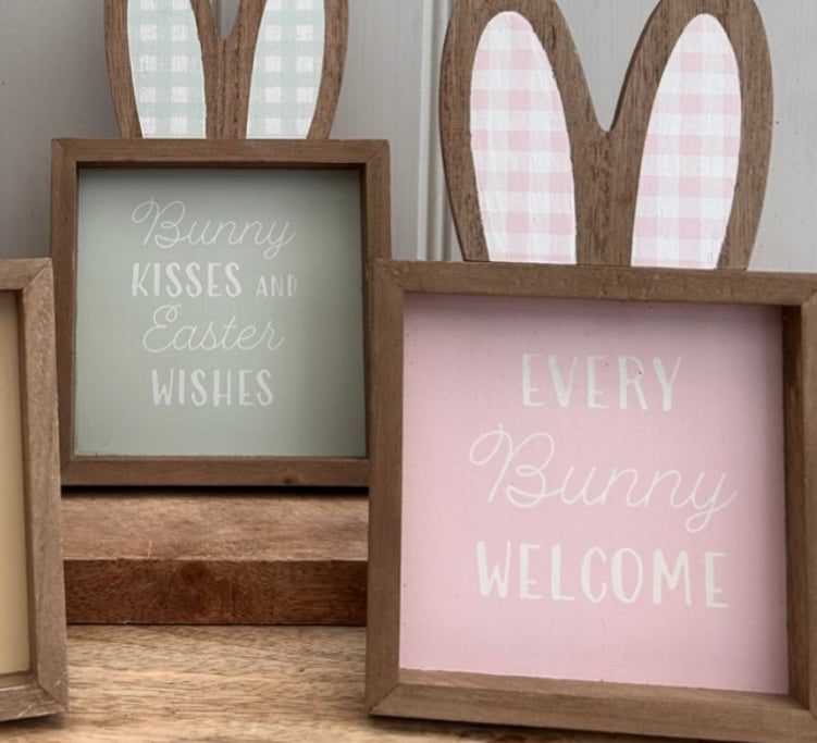 Standing Square Wooden Easter Sign with 3D Rabbit Ears