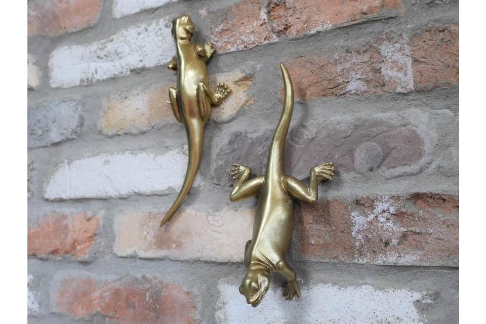 Set Of Two Gold Wall Climbing Lizards