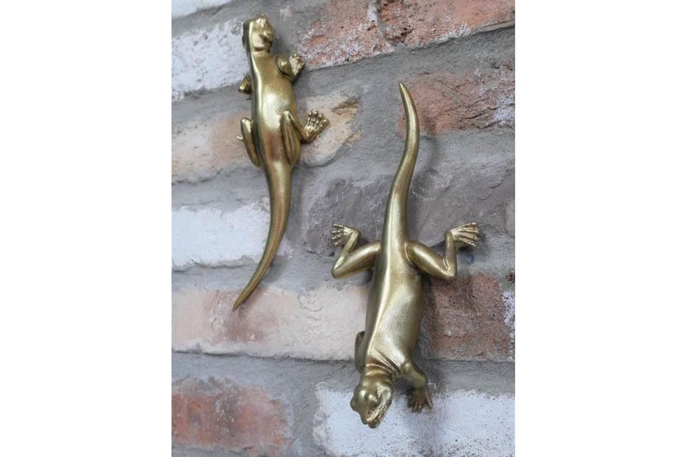 Set Of Two Gold Wall Climbing Lizards