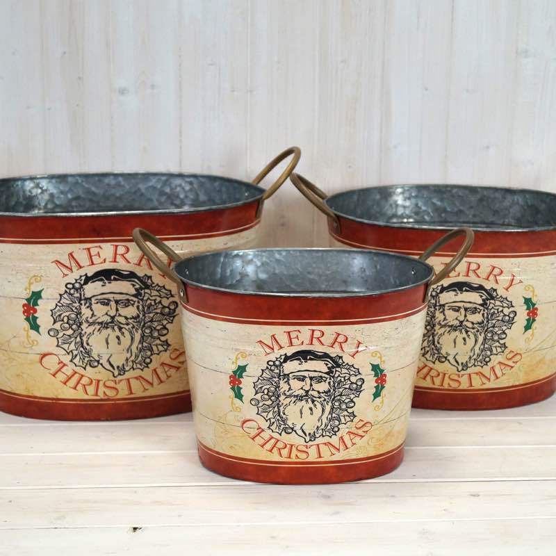 Set Of 3 Christmas Festive Metal Planters/Buckets /Ice Bucket