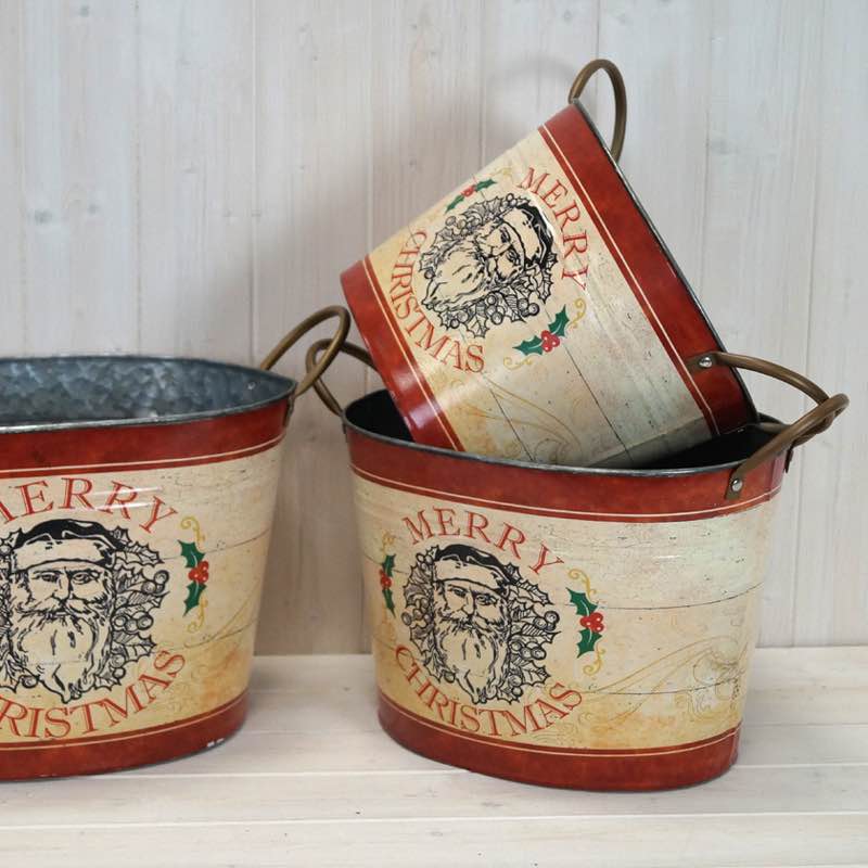 Set Of 3 Christmas Festive Metal Planters/Buckets /Ice Bucket