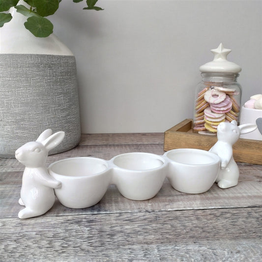 Long Ceramic Triple Bowl with Supporting Rabbits