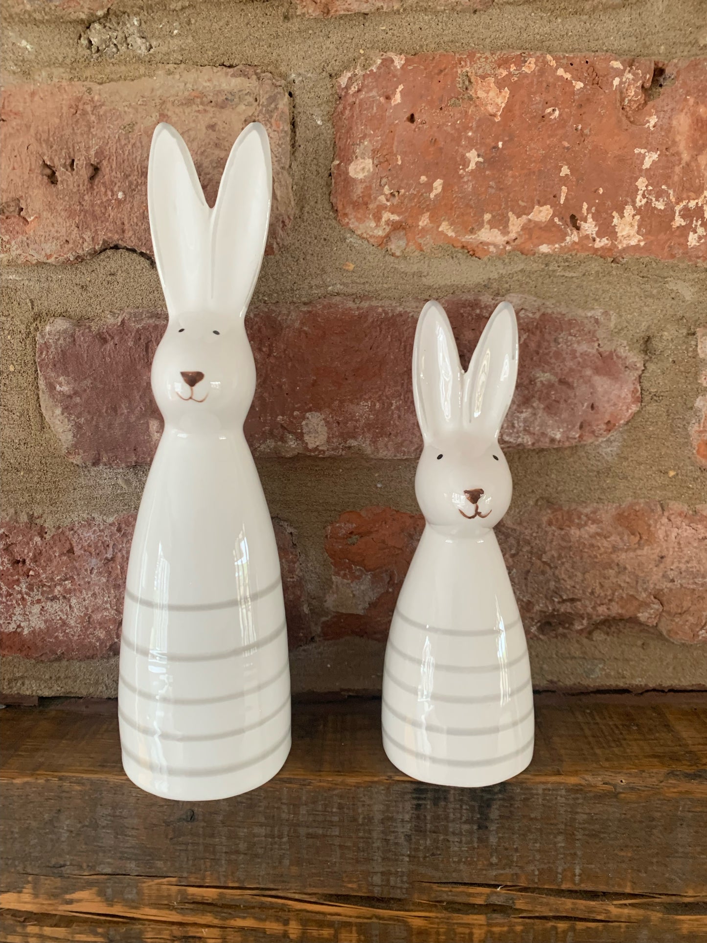 Pair Of Ceramic Striped Rabbit Bunnies Ornament Easter