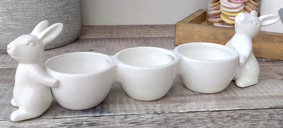 Long Ceramic Triple Bowl with Supporting Rabbits